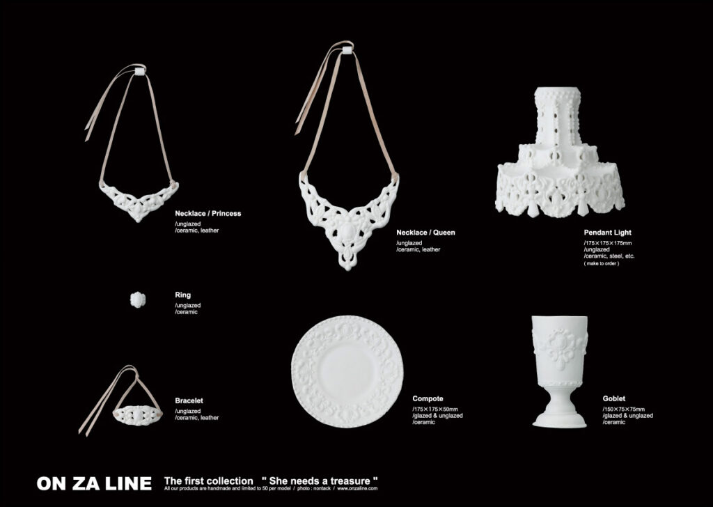 Necklace, ring, bracelet, lampshade, dish, and goblet, all made of white porcelain.