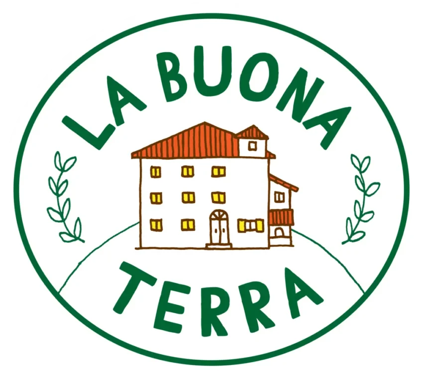 Hand-drawn illustration of a rounded earth with an orange roof and the words 'La Buona Terra' in green.