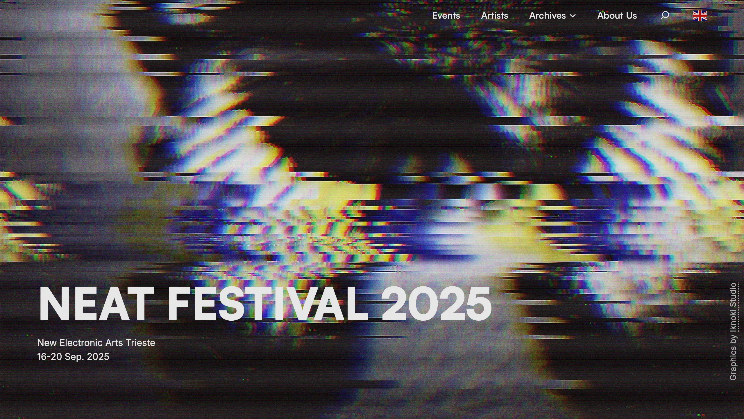 Top page image of the website, NEAT Festival. "NEAT Festival 2025, New Electronic Arts Trieste 16-20 Sep. 2025" on a glitch image.