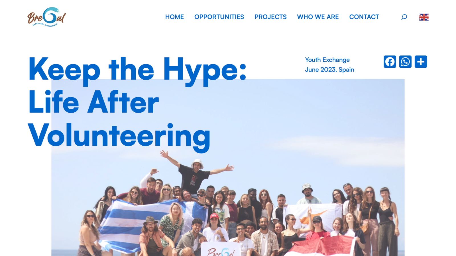 BreGal website homepage featuring a large group photo of young people at a youth exchange in Spain, with the headline “Keep the Hype: Life After Volunteering” and navigation links for opportunities, projects, and contact.